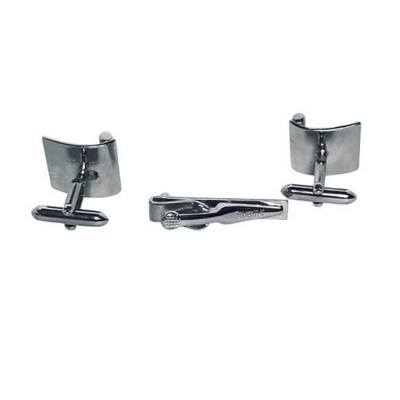 Vintage Swank Etched Silver Tone Cufflinks & Tie Bar Set (5895) - Picture 2 of 8